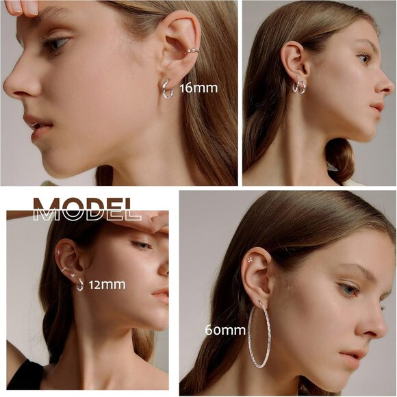 Sterling Silver Hoop Earrings 12MM-60MM Lightweight Hypoallergenic Jewelry - Picture 4 of 6